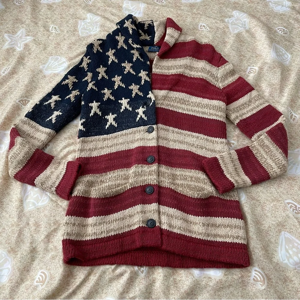 Women’s Polo Ralph Lauren American Flag Chunky Knit Cardigan Sweater Size SP - Picture 1 of 14